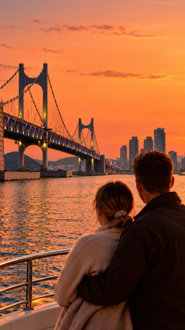 Couple sitting in front of Gwangan Bridge at sunset