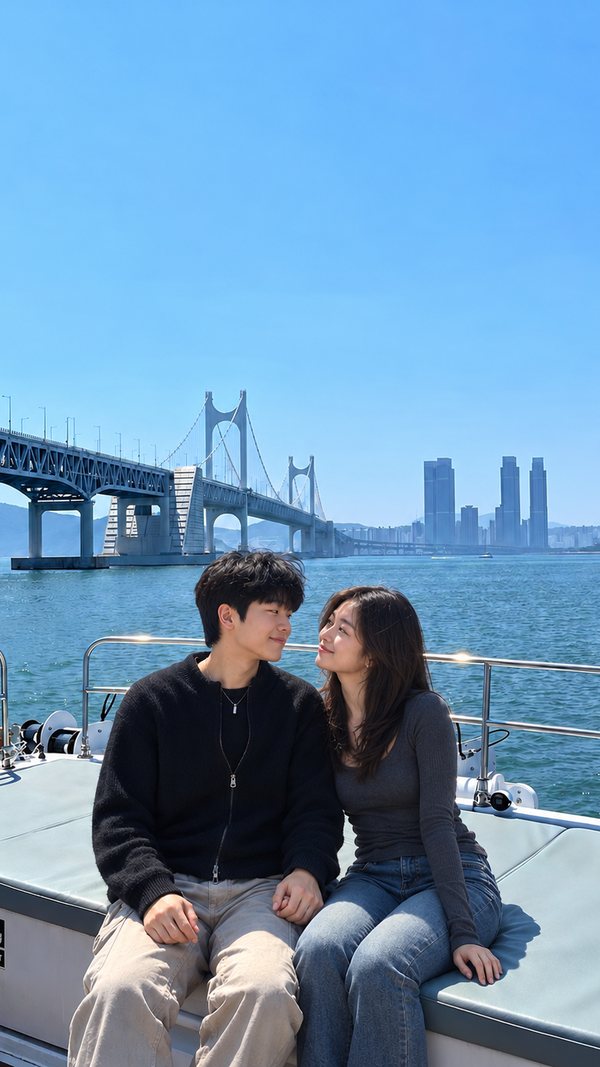 Couple sitting on deck with Gwangan Bridge behind