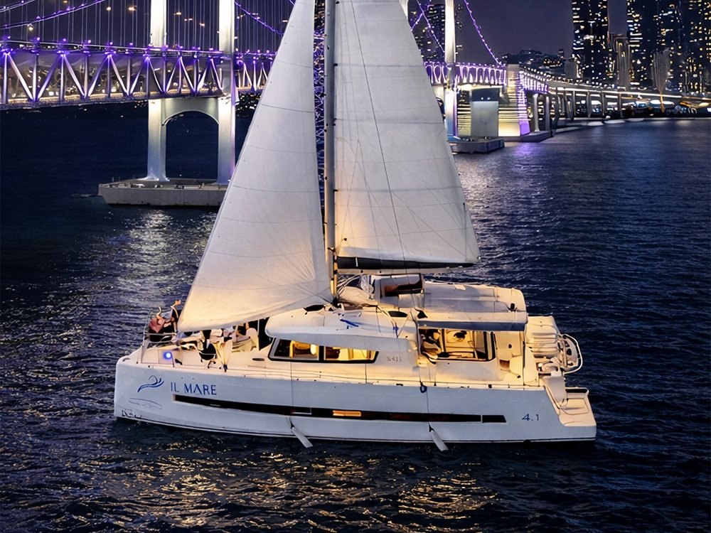 Catamaran yacht in front of the Gwangan Bridge night view