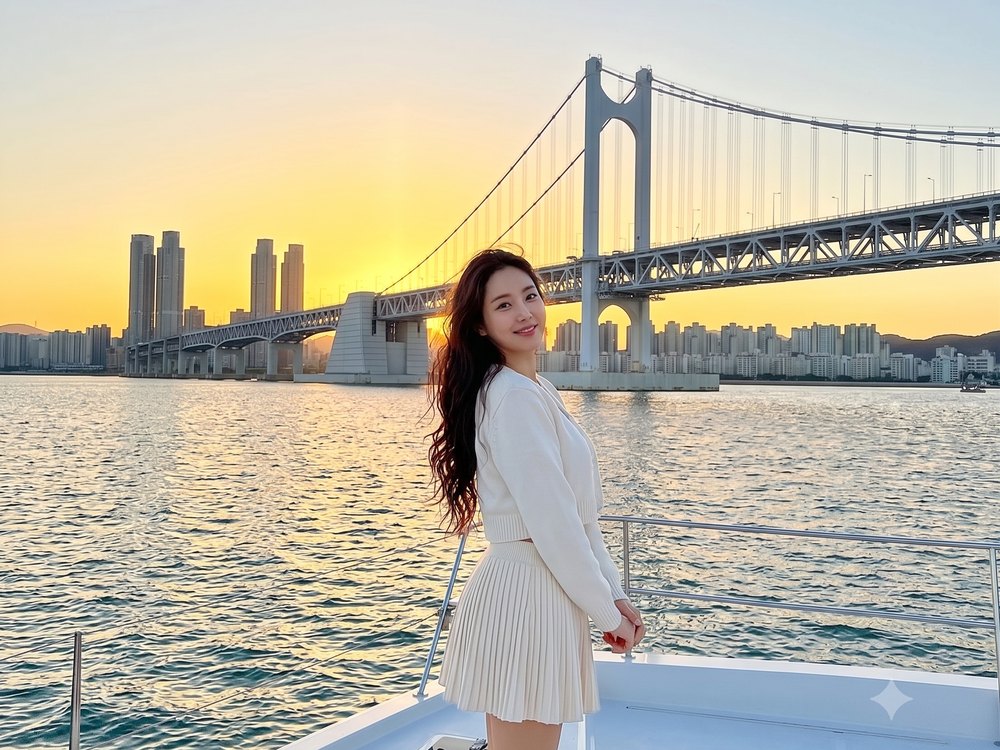 Guest at the yacht bow in front of Gwangan Bridge at sunset