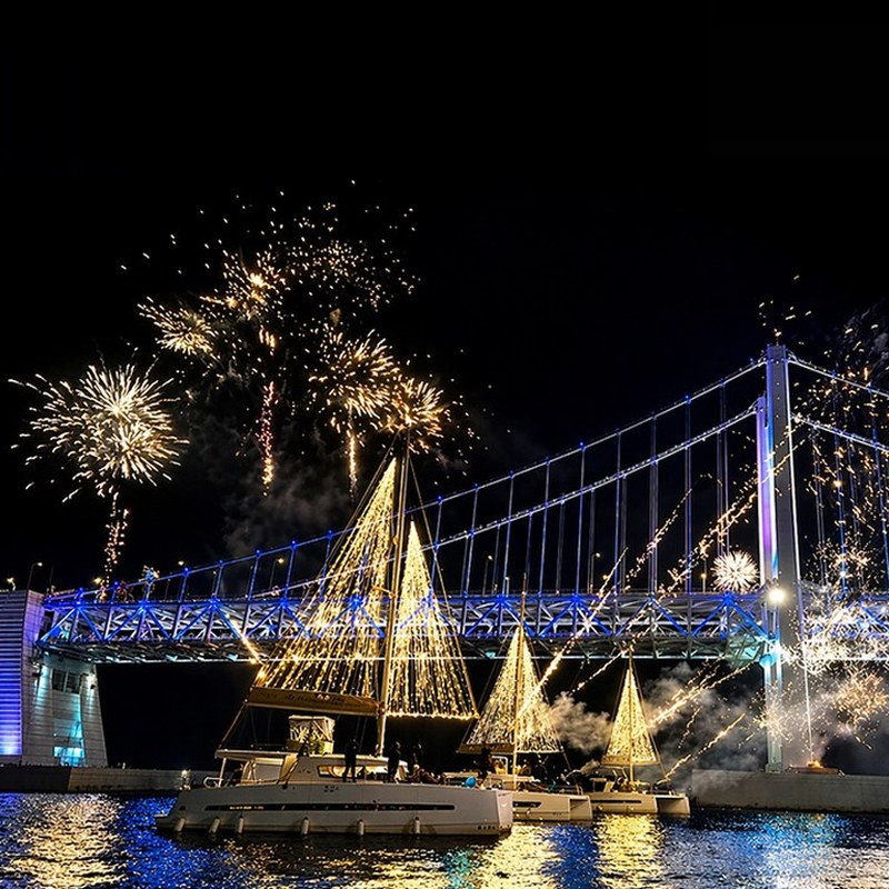 Fireworks bursting over a yacht in front of Gwangan Bridge