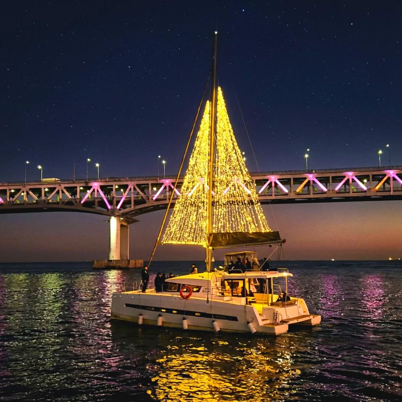 Yacht with tree lights passing Gwangan Bridge